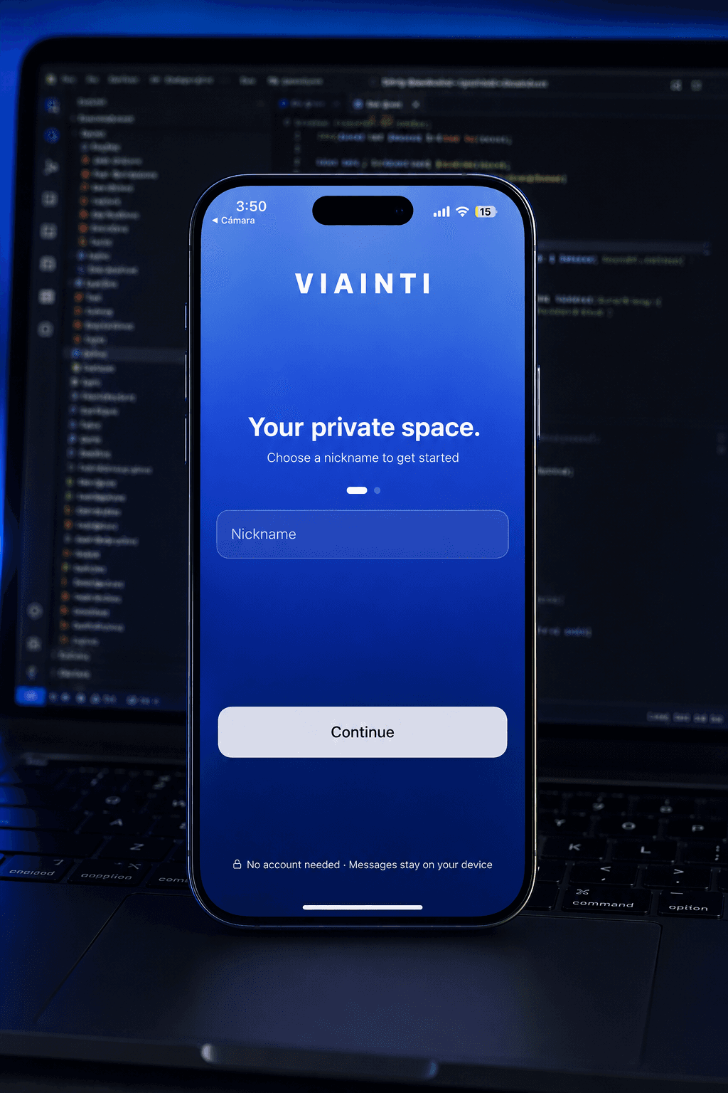 VIAINTI app onboarding screen showing a private space setup
